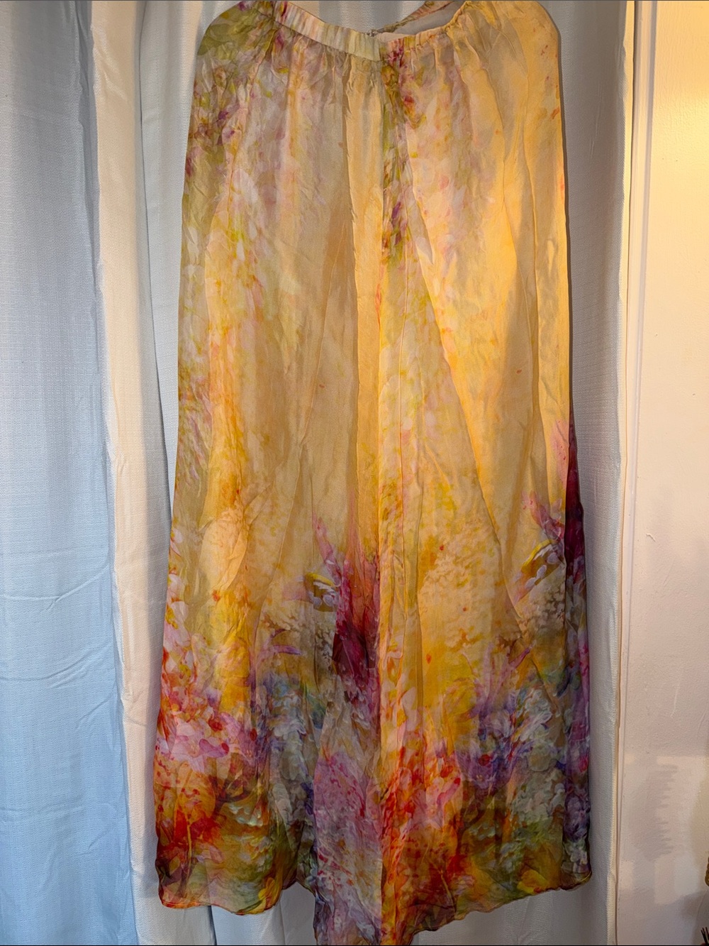 Zara Yellow Floral Watercolor Maxi Skirt with Pink Accents